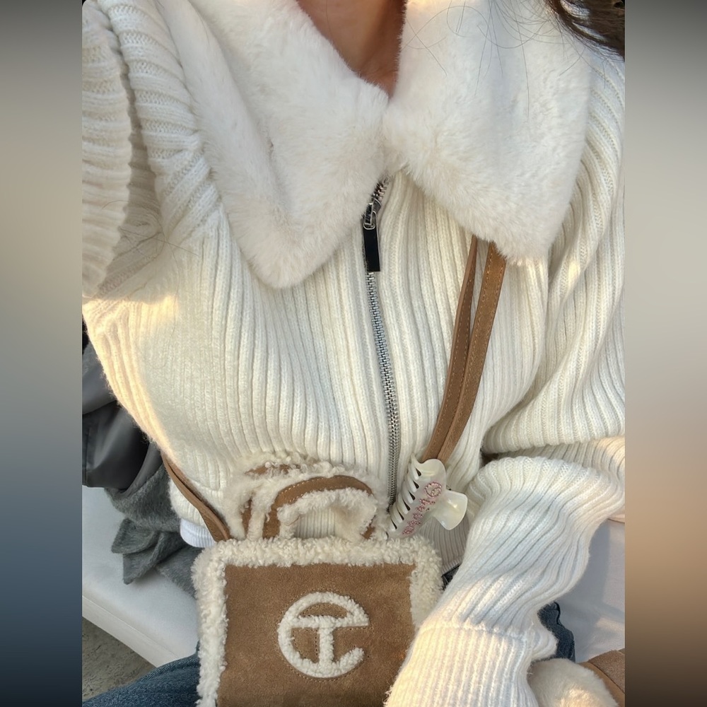 Zara Faux fur lapel collar knit cardigan